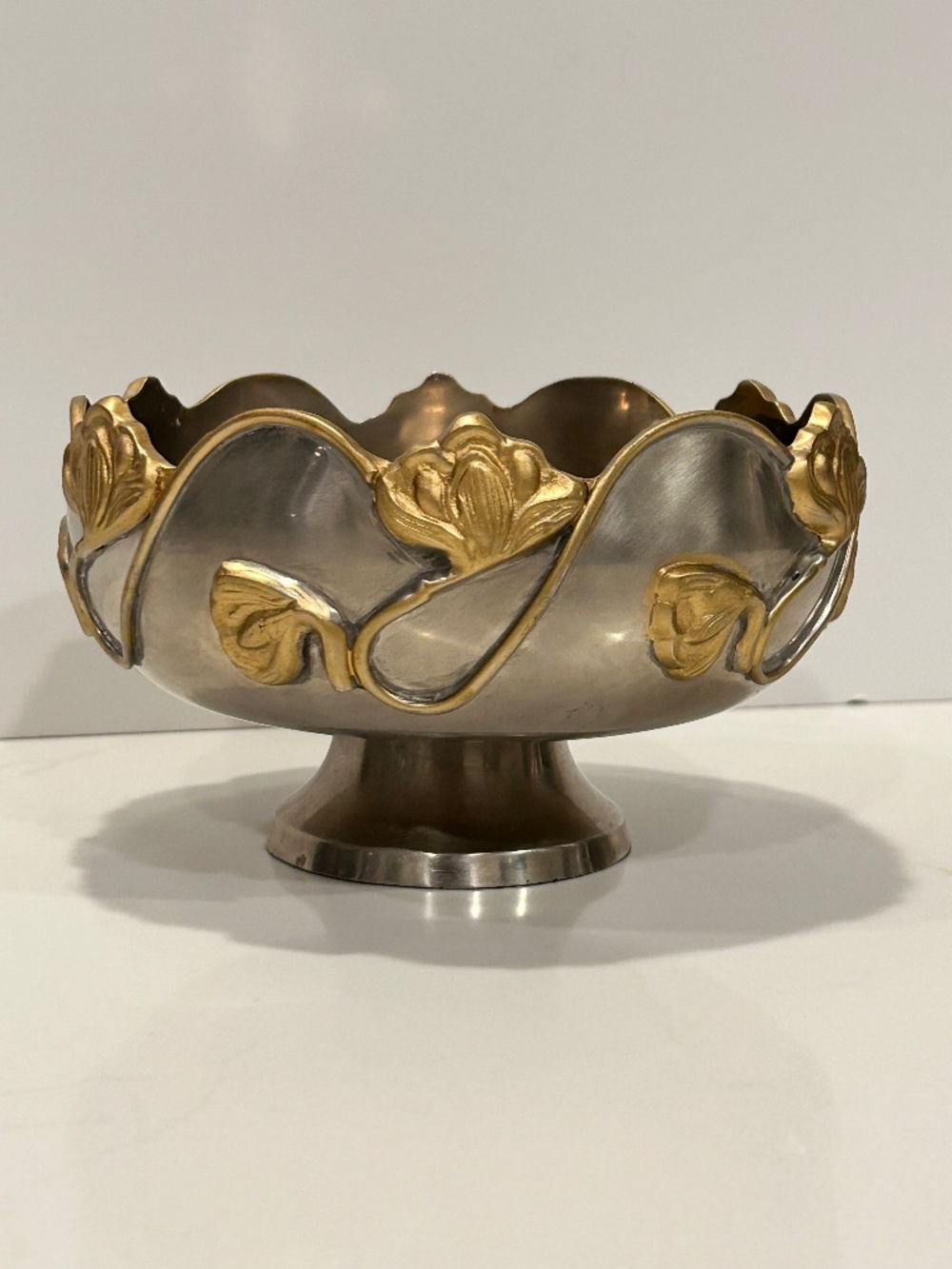 French Art Nouveau Pedestal Bowl Silver Base  Gold Flowers Scalloped Rim
